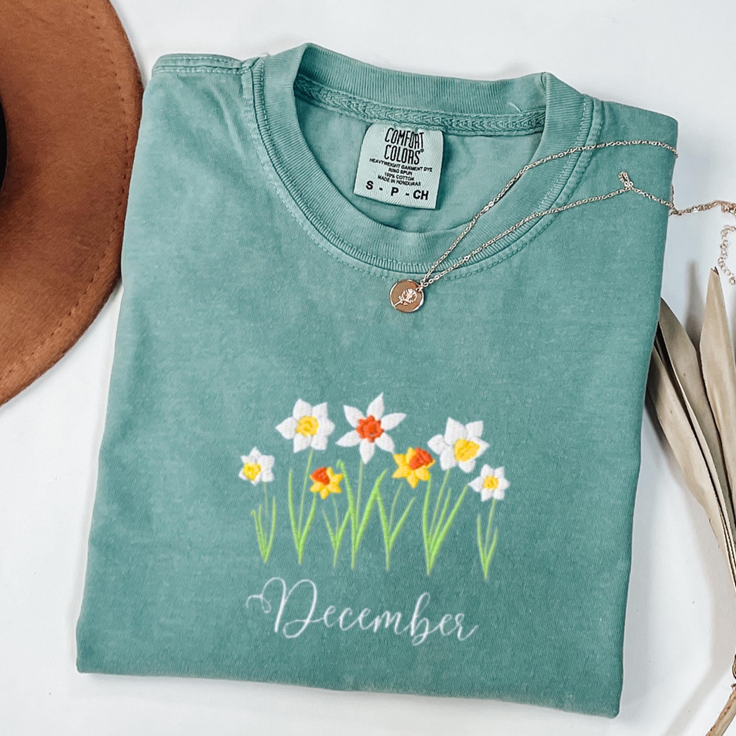 Comfort Colors Embroidered December Birth Flower Shirt, Narcissus