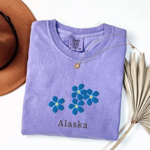 Comfort Colors Alaska T-Shirt, Embroidered Alaska State Flower Shirt, Forget-me-not Flower Shirt, Embroidered Alaska T-Shirt, Custom Shirt