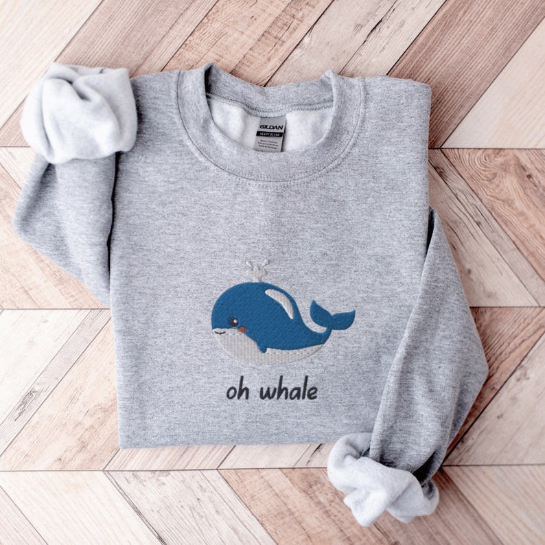 Oh Wal Sweatshirt, besticktes Wal Crewneck Sweatshirt, süßes Wal Shirt, lustiges Sweatshirt, lustiges besticktes Shirt Sport Grey