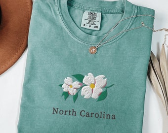 Comfort Colors North Carolina T-Shirt, Embroidered North Carolina State Flower Shirt, Dogwood Flower Shirt, Embroidered North Carolina Shirt