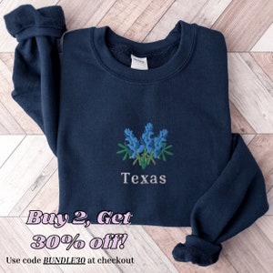 Texas Bluebonnets Sweatshirt, Embroidered Texas Shirt, Texas Crewneck Sweater, Embroidered Bluebonnets Shirt, Texas Bluebonnets Sweater