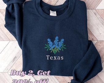 Texas Bluebonnets Sweatshirt, Embroidered Texas Shirt, Texas Crewneck Sweater, Embroidered Bluebonnets Shirt, Texas Bluebonnets Sweater