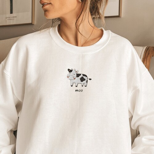 Cow Embroidered Sweatshirt Cute Cow Sweater Embroidered Cow - Etsy