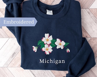 Michigan Apple Blossom Crewneck Sweatshirt, Embroidered Michigan State Flower Sweater