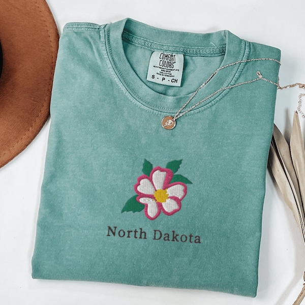 Comfort Colors North Dakota T-Shirt, Embroidered North Dakota State Flower Shirt, Wild Prairie Rose Shirt, Embroidered North Dakota T-Shirt