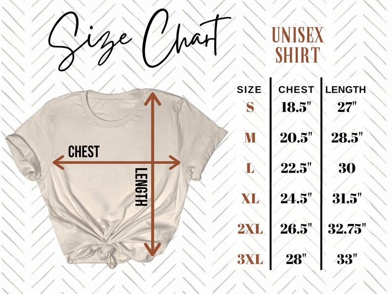 May include: A beige unisex t-shirt with a size chart. The chart lists chest and length measurements in inches for sizes S to 3XL. The text "Size Chart" and "UNISEX SHIRT" are also visible.