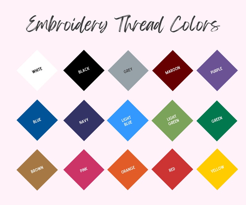 Peut inclure: Un nuancier de fils &agrave; broder, montrant 15 couleurs diff&eacute;rentes en forme de losange. Les couleurs sont : blanc, noir, gris, marron, violet, bleu, marine, bleu clair, vert clair, vert, marron, rose, orange, rouge et jaune.