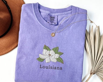 Comfort Colors Louisiana T-Shirt, Embroidered Louisiana State Flower Shirt, Magnolia Flower Shirt, Embroidered Louisiana Magnolia T-Shirt