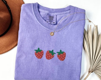 Comfort Colors Strawberry T-Shirt, Embroidered Strawberries Shirt, Silly Embroidered Shirt, Cute Fruit T-Shirt, Simple Embroidered Shirt