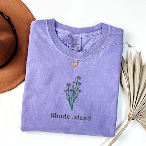 Comfort Colors Rhode Island T-Shirt, Embroidered Rhode Island State Flower Shirt, Violet Flower Shirt, Embroidered Rhode Island T-Shirt