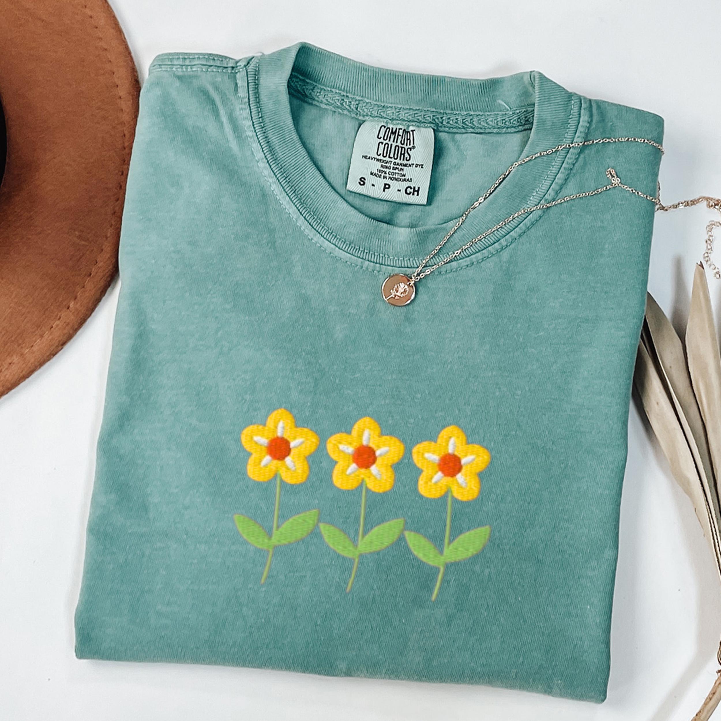 Comfort Colors Embroidered Yellow Flower T-shirt - Etsy