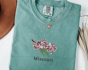 Comfort Colors Missouri T-Shirt, Embroidered Missouri State Flower Shirt, Hawthorn Blossom Shirt, Embroidered Missouri T-Shirt