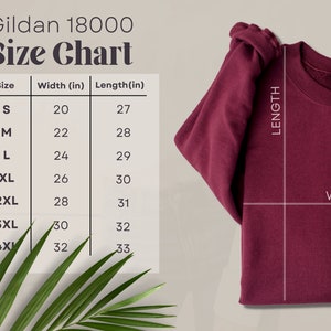 Peut inclure: Tableau des tailles pour les sweat-shirts Gildan 18000, indiquant les mesures de largeur et de longueur en pouces pour les tailles S &agrave; 4XL.