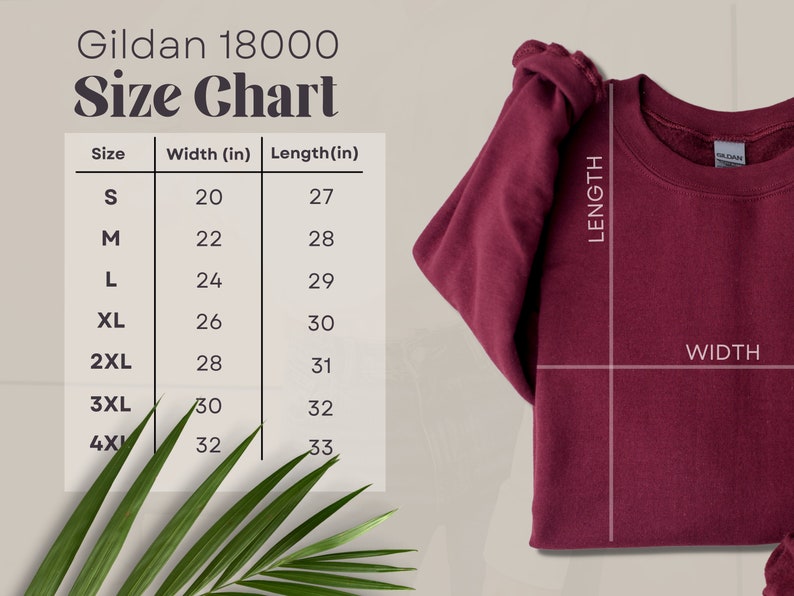 Peut inclure: Tableau des tailles pour les sweat-shirts Gildan 18000, indiquant les mesures de largeur et de longueur en pouces pour les tailles S &agrave; 4XL.