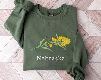 Nebraska State Flower Sweatshirt, Embroidered Nebraska Crewneck Sweater, Goldenrod Flower Shirt, Embroidered Nebraska Sweatshirt