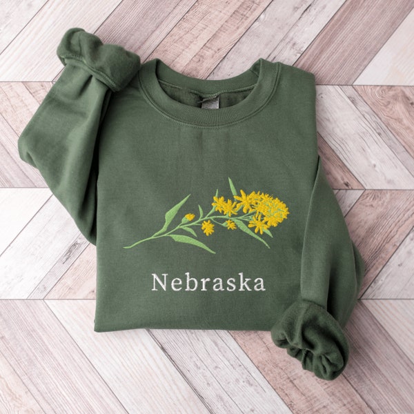 Nebraska State Flower Sweatshirt, Embroidered Nebraska Crewneck Sweater, Goldenrod Flower Shirt, Embroidered Nebraska Sweatshirt