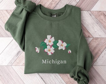 Missouri State Flower Sweatshirt, gestickter MIMichigan Rundhals-Pullover, Apfelblüten-Blumen-Shirt, besticktes Sweatshirt von Missouri