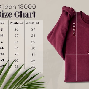 Może przedstawiać: Tabela rozmiar&oacute;w dla bluz Gildan 18000, pokazująca szerokość i długość w calach dla rozmiar&oacute;w od S do 4XL.