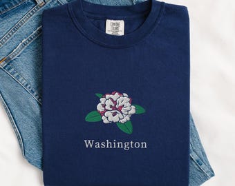 Comfort Colors Embroidered Washington State Flower T-Shirt, Rhododendron Shirt