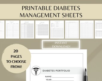 20 Diabetes Logs / Diabetes Printable Binder/ Blood Sugar Control Portfolio / With Meal List and Exercise Pages