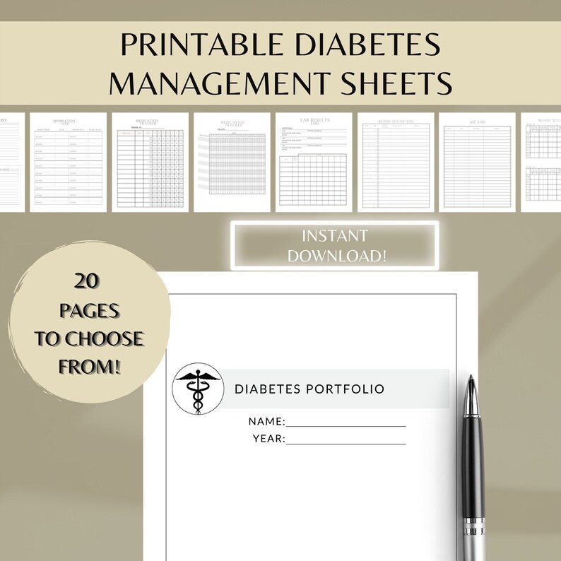May include: Printable diabetes management sheets with 20 pages to choose from. The sheets include sections for blood sugar log, carb count, medication log, and more.  The image also shows a diabetes portfolio page with a medical symbol and space for name and year.