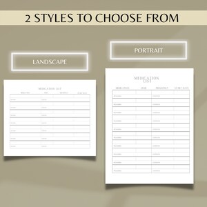 May include: Two printable medication list templates, one in landscape and one in portrait orientation. Both templates have columns for medication, dose, frequency, and start date.