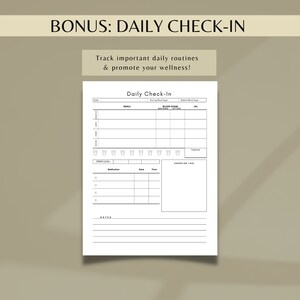 May include: A printable daily check-in sheet to track meals, blood sugar levels, stress levels, and exercise. The sheet includes sections for recording meals, blood sugar levels before and after meals, stress levels, medication, dose, time, and an exercise log.