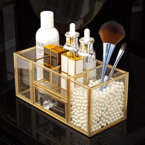 Makeup Brush Holder Vintage Glass Handmade Organizer with White Pearls for  Nail Brush, Vanity, Bathroom, Dresser, Countertop - Gold
