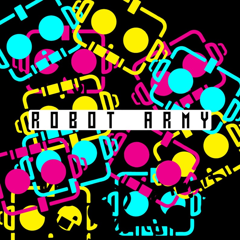 以下が含まれることがあります： ピンク、イエロー、ブルーのインターロックする形状の繰り返しパターンを持つ抽象的な幾何学模様。テキスト「ROBOT ARMY」は白い文字で中央に配置されています。