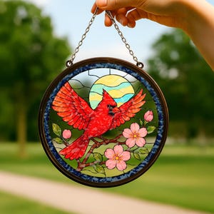 Atrapasol de Cardenal Rojo, vitral para colgar en la ventana, ideal para amantes de las aves, atrapasol de cristal con forma de pájaro, decoración con forma de pájaro rojo, regalo para mamá, regalo de Navidad.