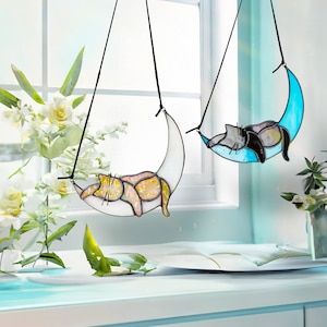 Custom Cat Memorial Suncatcher, Engraved Cat Lovers, Couple Cat On Moon Loss of Pet Sympathy Gift, Gift for Cat Lovers, Cat Memorial Gift