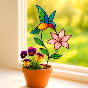 Hummingbird gifts for her, Hummingbird flower stained glass window hangings Handmade product Modern stained glass flower suncatcher, Decor
