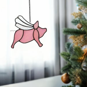 Pig stained glass window hangings large, Pig stained glass suncatcher Christmas gift Christmas vacation decor, Gifts for her, Gifts for Home