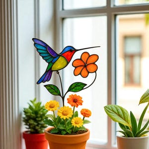 Hummingbird stained glass sun catcher Unique gift for mom Flower stained glass window hangings Grandma Christmas gift 6th anniversary gift