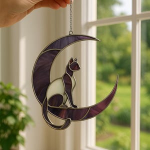 Custom Grey Cat Memorial Suncatcher Stained Glass, Engraved Cat Lovers, Cat On Moon Loss of Pet Sympathy Gifts for Cat Memorial Gift, Decor