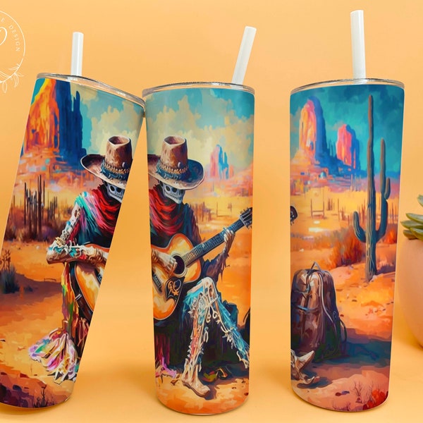 Mexican Skeleton Playing Guitar 20oz Skinny Straight & Tapered Designs,Western Tumbler Designs,Desert Neon Tumbler Wrap PNG,Digital download