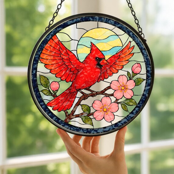 Cardinal ウィンドウ装飾 サンキャッチャー 強化ステンドグラス 6.3インチ 鳥 サンキャッチャー 屋内ギフト用 壁 鳥好きのパネル ホリデー Cardinal Gifts 女性用 カーディナルステンドグラス ウィンドウハンギング 赤い鳥 サンキャッチャー 窓用 6 x 6インチ  アメリカンガラス ハンギングオーナメント 鳥好きのためのハンドペイントガラス 窓(8インチ)