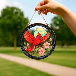 Cardinal stained glass window hangings, Cardinal bird gifts for women, bird suncatcher decor window hangings suncatcher, Window Home Decor
