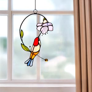 Hummingbird stained glass gifts for her window hangings, stained glass bird suncatcher mother&#39;s day gifts, stained glass flower suncatcher