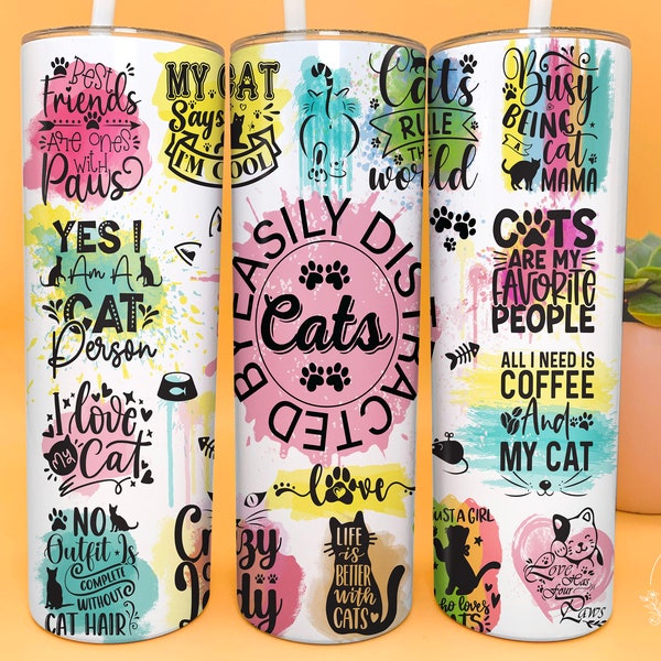 Cat Quotes Tumbler Wrap, 20oz Skinny Tumbler PNG File, Seamless Tumbler Sublimation Design, Cat Sayings Tumbler PNG, Cat Lover PNG