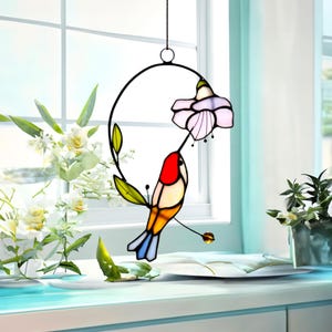 Hummingbird stained glass bird suncatcher mother&#39;s day gifts, stained glass window hangings, stained glass flower suncatcher, gifts for her