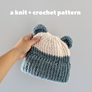 Puede incluir: Un gorro de punto azul y blanco con orejeras. El gorro está hecho con un hilo grueso y tiene un patrón de punto texturizado.