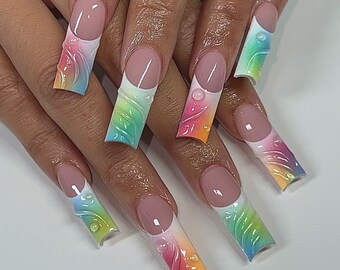 Multicolor Press On Nails | 3D Nails | French Tip Press On Nails | Pink Nails | Green Nails