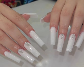 Milky White Press On Nails | Glitter Nails | Rhinestone Nails | Long Nails | Short Nails