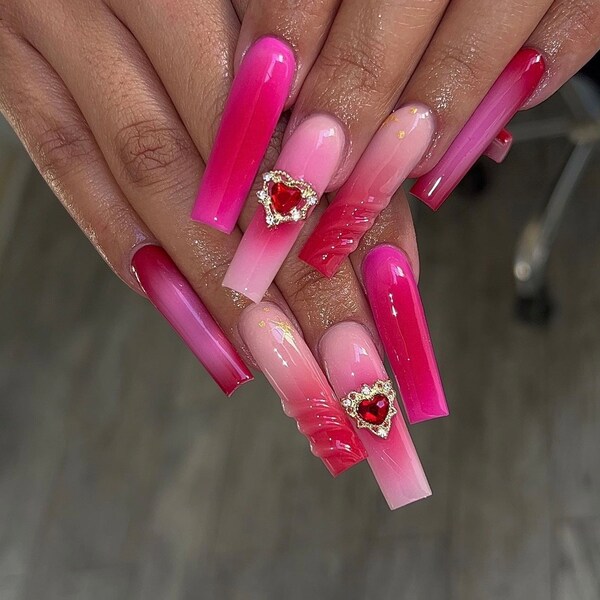 Valentines Day Press On Nails | Heart Nails | Bow Nails | Pink Nails | Red Nails | Ombre Nails | Aura Nails | Rhinestone Nails | Long Nails