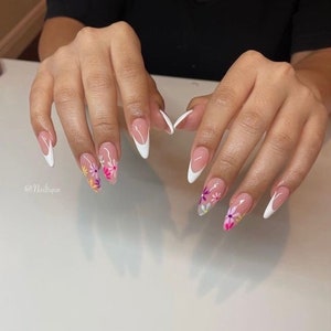 Flower Nails French Tip Nails Pink Nails Purple Nails Yellow Nails Spring Nails Press On Nails image 1