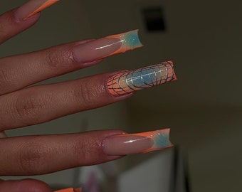 Orange, Yellow & Blue Press On Nail Set | Aura nails | Chrome nail designs