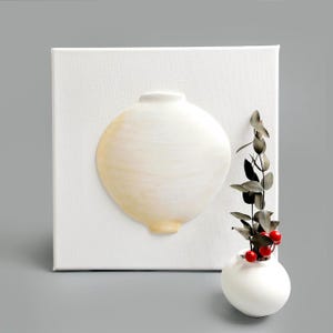 May include: A white canvas featuring a 3D, off-white vase design. A small white vase holds a sprig of dark leaves and red berries. The artwork is minimalist and modern, suitable for home decor.
