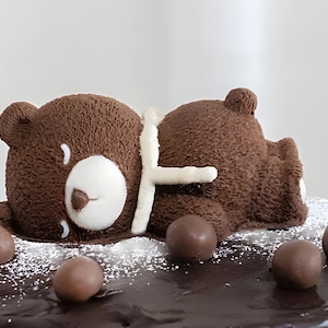 May include: A chocolate cake decorated with a brown bear-shaped figure. The bear is lying down with a white accent. The cake is topped with chocolate candies and icing sugar. The cake is on a white surface.