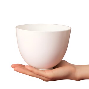 May include: A white ceramic bowl held in a hand. The bowl is round and has a smooth, glossy finish.